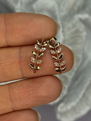 14K YELLOW GOLD DIAMONDS LEAF EARRINGS LENGTH 0.7 INCH
