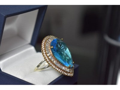 925 Sterling Silver With Gilding Blue Alpanite & CZ Ring Size 7.5