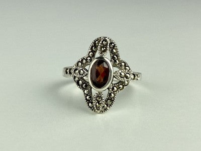 925 Sterling Silver Almandine & Marcasites Ring Size 7