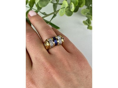 925 Sterling Silver Gold Plated Sapphires & CZ Ring Size 7