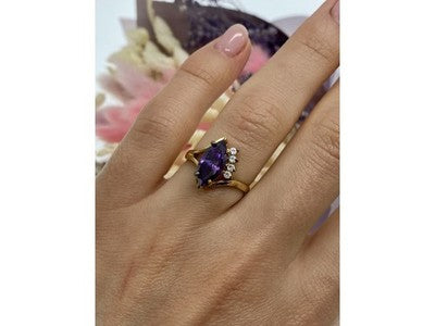 925 Sterling Silver Gold Plated Amethyst & CZ Ring Size 7
