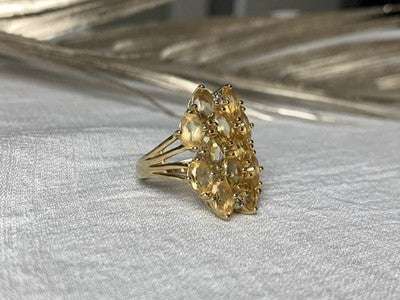 925 Sterling Silver Gold Plated Yellow Tourmalines & Diamonds Ring Size 8