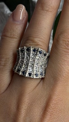 925 Sterling Silver Blue Sapphires & Clear Topaz Stones Ring Size 6
