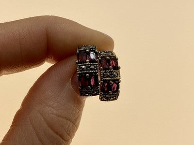 925 Sterling Silver Almandine & Marcasites Stud Earrings