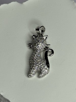 925 Sterling Silver Cat CZ Pendant Length 1.3 Inch