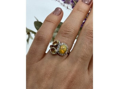 925 Sterling Silver Opal, Heliodor & CZ Ring Size 6