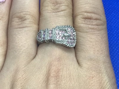 925 Sterling Silver Pink Quartz "Belt" Ring Size 8