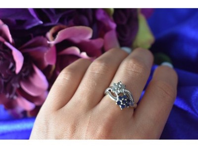 925 Sterling Silver Blue Spinel "Flowers" Ring Size 8