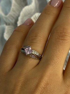 10K White Gold Pink Topaz & Diamond Ring Size 7