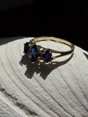 10K Yellow Gold Marquise Blue Sapphire & Diamond Ring Size 8.5