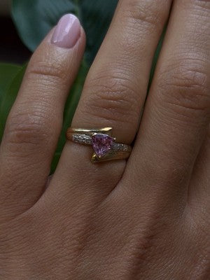 Romantic 10K Yellow Gold Pink Sapphire & Diamond Ring Size 7