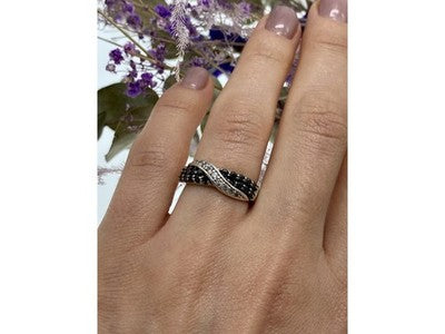 925 Sterling Silver Black & White Tourmaline "Yin Yang" Ring Size 6.5