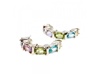 925 Sterling Silver Multi Gemstones Stud Earrings