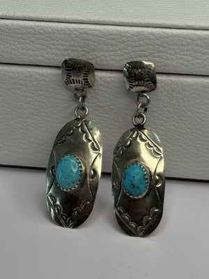 Vintage Native American 925 Sterling Turquoise Silver Earrings Length 1.90 Inch