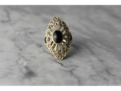 925 Sterling Silver Black Tourmaline & Marcasites Ring Size 6