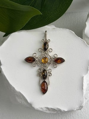 925 Sterling Silver Amber Cross Length 2 in
