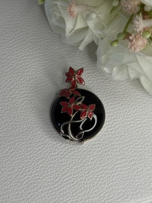 925 Sterling Silver Black Onyx & Red Enamel Flowers Pendant Length 1.40 Inch