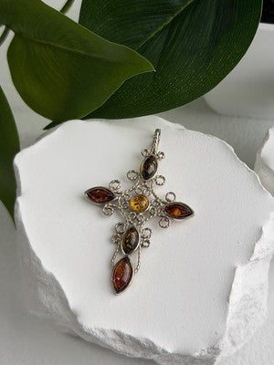 925 Sterling Silver Amber Cross Length 2 in
