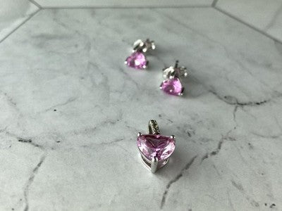 925 Sterling Silver Morganite and CZ "Hearts" Stud Earrings & Pendant Set
