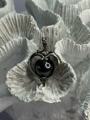925 Sterling Silver Hematite Heart Pendant Length 1.1 Inch