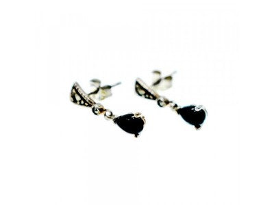 925 Sterling Silver Black Nephrite (Jade) & Marcasites Earrings