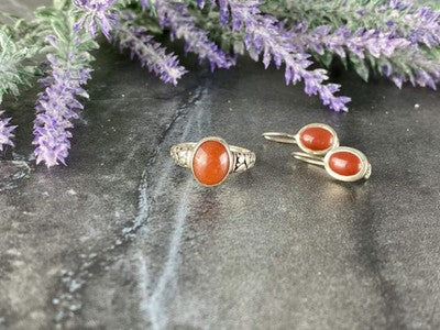 Vintage 925 Sterling Silver Dark Orange Jadeite Set