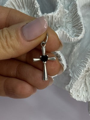 925 Sterling Silver Garnet Heart Cross Length 1.2 Inch