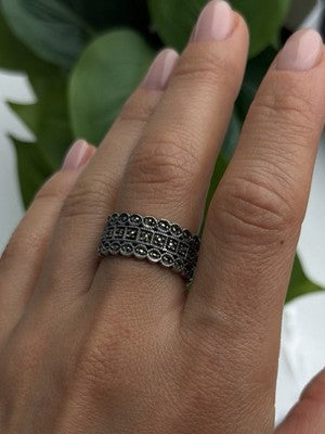Vintage Art Deco Style 925 Sterling Silver Marcasite Band Ring Size 9