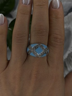 925 Sterling Silver Blue Turquoise & White Colorless Beryl Ring Size 9