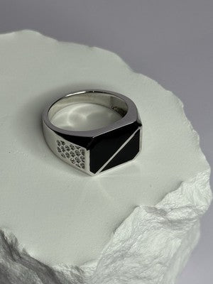 925 Sterling Silver Black Enamel & CZ Men's Ring Size 11