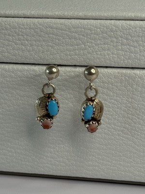 Vintage 925 Sterling Silver Turquoise & Carnelian Earrings Length 0.70 Inch
