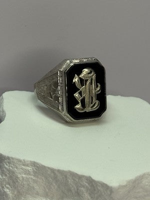 10K WHITE GOLD VINTAGE ART DECO BLACK ONYX RING SIZE 8