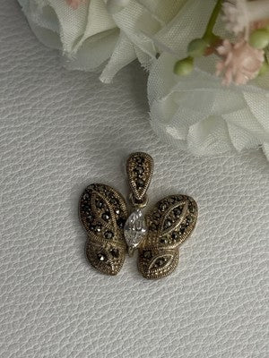925 Sterling Silver Butterfly Beryl & Marcasite Pendant Length 0.90 Inch