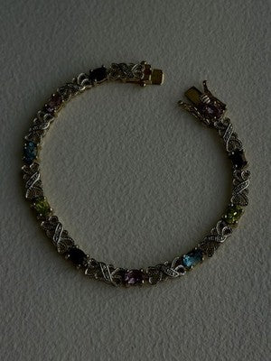 925 Sterling Silver Gold Plated Garnet Amethyst Peridot Topaz Bracelet 7.5