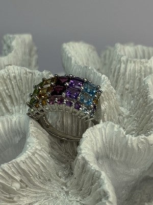 925 Sterling Silver Multicolor Stones Ring Size 7