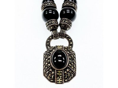 Vintage 925 Sterling Silver Black Jade and Marcasites Necklace