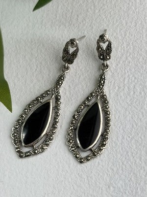 Elegant Vintage 925 Sterling Silver Onyx & Marcasite Earrings