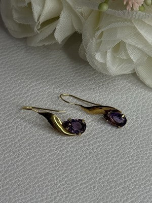 14K Yellow Gold Amethyst Earrings Length 0.90 inch
