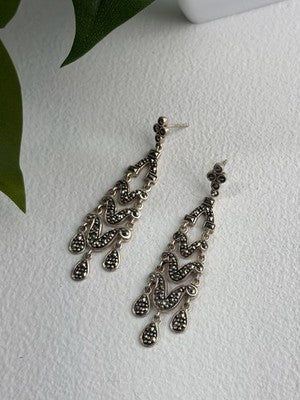 Vintage Dangle 925 Sterling Silver Marcasite Earrings