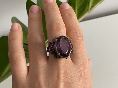 Blackened 925 Sterling Silver With Gilding Amethyst Ring Size 9