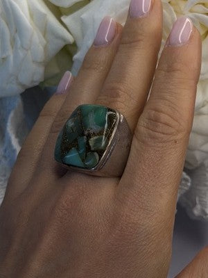 Vintage 925 Sterling Silver Green Turquoise Mosaic Ring Size 9.5