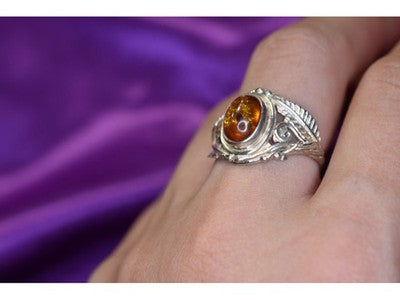 925 Sterling Silver Amber Ring Size 8.5