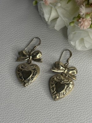 Vintage 925 Sterling Silver Heart Earrings Length 1.70 Inch