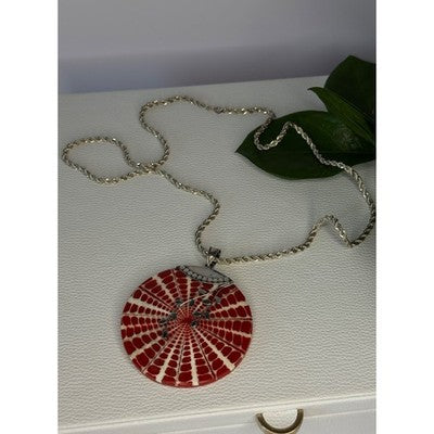 Vintage 925 Sterling Silver Red Shell Necklace Pendant Length 3 inch