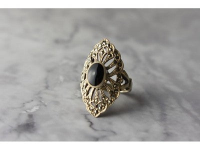 925 Sterling Silver Black Tourmaline & Marcasites Ring Size 6