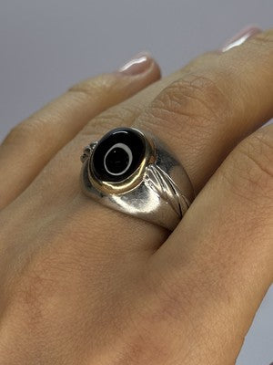 925 Sterling Silver & 14K Gold Bezel  Agate Ring Size 9.5