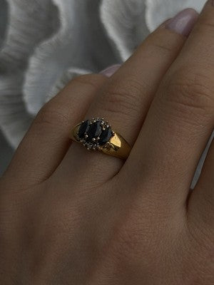 925 Sterling Silver Gold Plated Dark Blue Sapphire & Diamond Ring Size 7.5