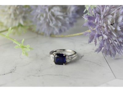 925 Sterling Silver Sapphire & CZ Ring Size 6.5