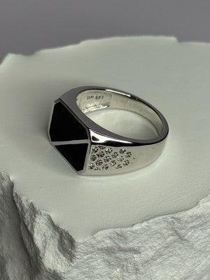 925 Sterling Silver Black Enamel & CZ Men's Ring Size 11
