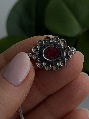 Antique Djoy 925 Sterling Silver Ruby & Beryl Flower Heart Bracelet 7